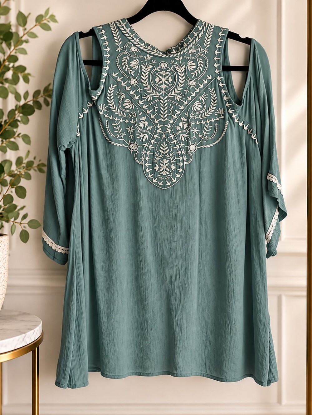 XHILARATION Dusty Teal/Ivory Embroidered Boho Blouse (L)